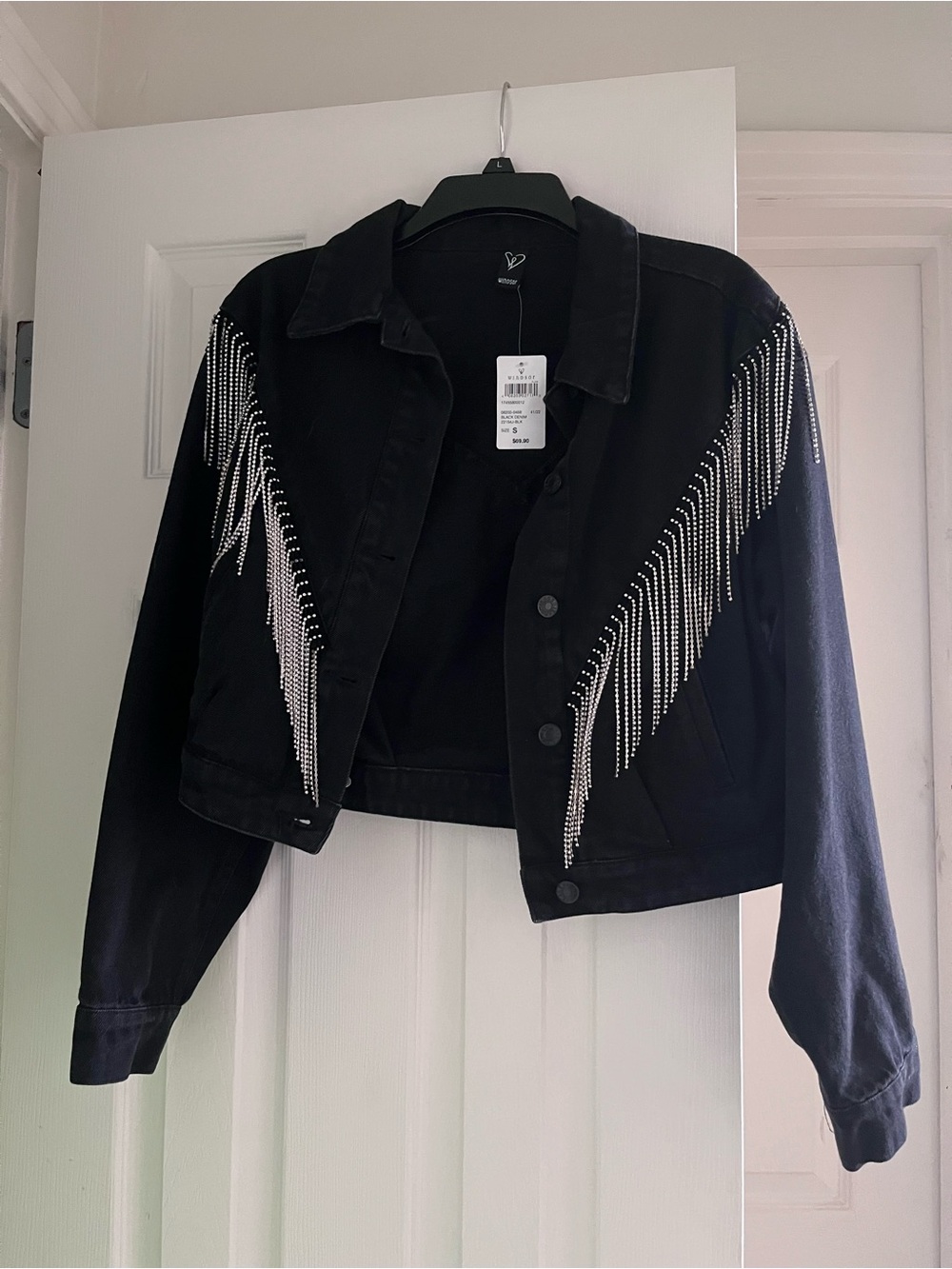 Windsor Black Rhinestone Fringe Jean Jacket